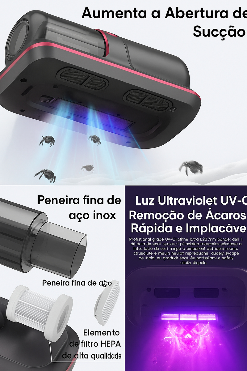 Mini Aspirador Antiácaro com Luz UV | Portátil, Potente e Silencioso